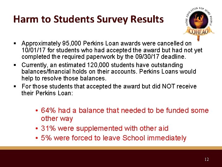 Harm to Students Survey Results Approximately 95, 000 Perkins Loan awards were cancelled on