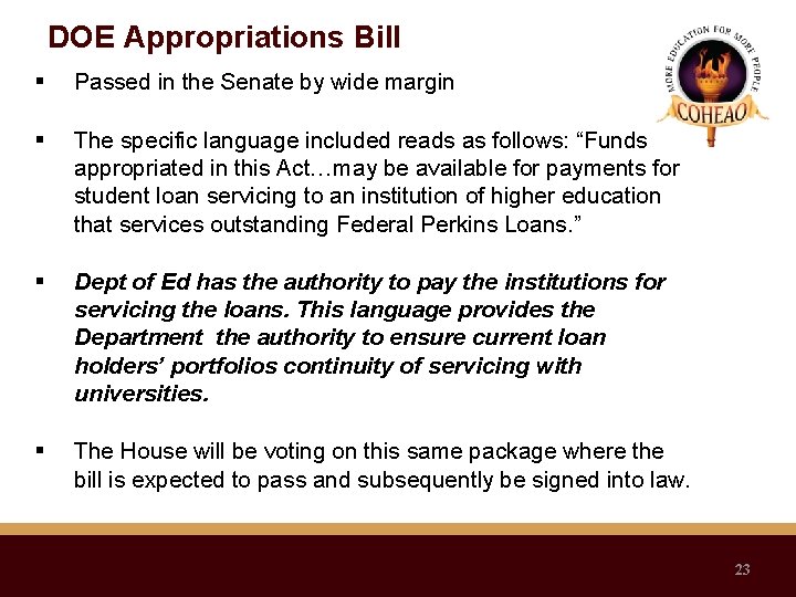 DOE Appropriations Bill Passed in the Senate by wide margin The specific language included