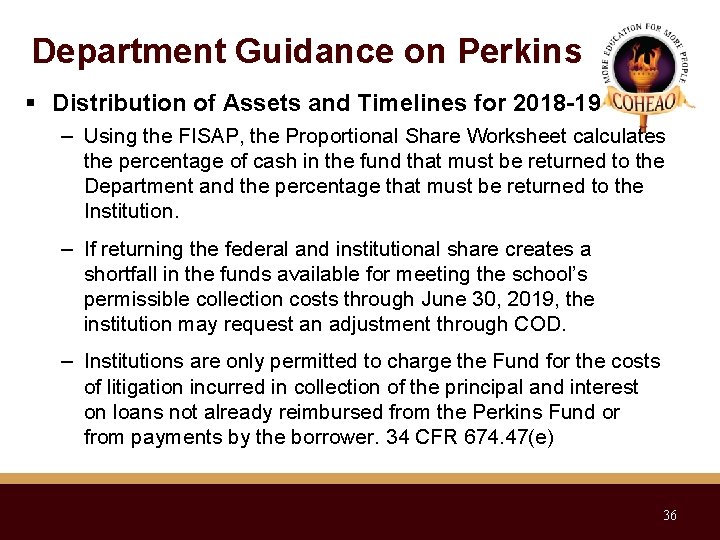 Department Guidance on Perkins Distribution of Assets and Timelines for 2018 -19 – Using
