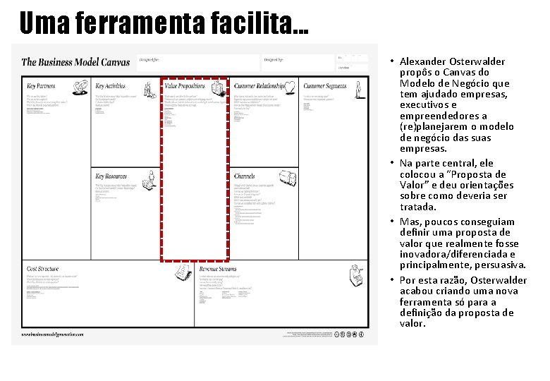 Uma ferramenta facilita. . . • Alexander Osterwalder propôs o Canvas do Modelo de