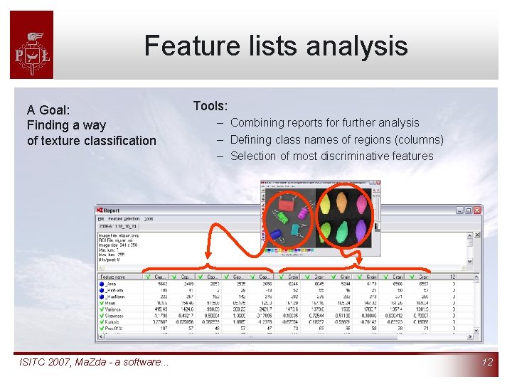 Feature lists analysis A Goal: Finding a way of texture classification ISITC 2007, Ma.