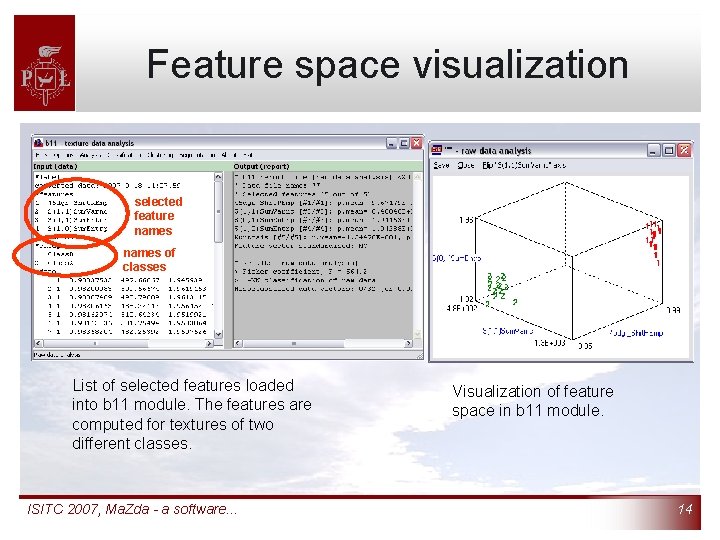 Feature space visualization selected feature names of classes List of selected features loaded into