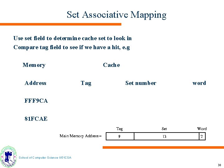 Set Associative Mapping Use set field to determine cache set to look in Compare