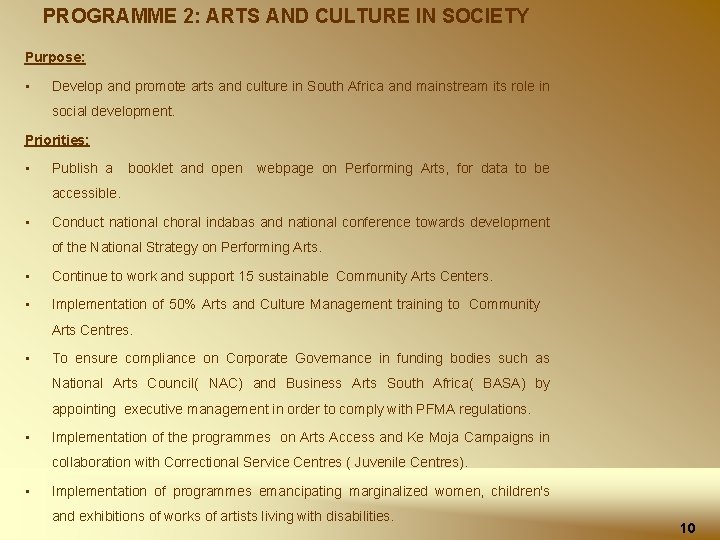 PROGRAMME 2: ARTS AND CULTURE IN SOCIETY Purpose: • Develop and promote arts and