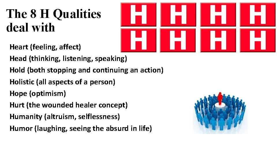 The 8 H Qualities deal with Heart (feeling, affect) Head (thinking, listening, speaking) Hold