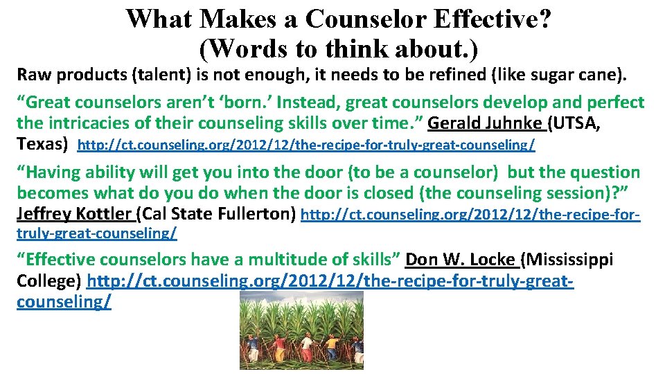 What Makes a Counselor Effective? (Words to think about. ) Raw products (talent) is