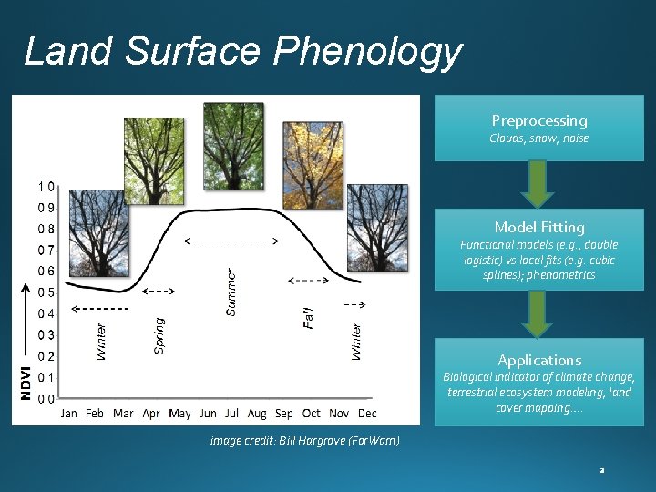 Land Surface Phenology Preprocessing Clouds, snow, noise Model Fitting Functional models (e. g. ,