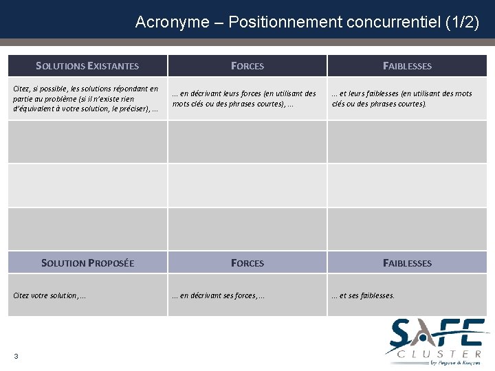 Acronyme – Positionnement concurrentiel (1/2) SOLUTIONS EXISTANTES Citez, si possible, les solutions répondant en Acronyme – Positionnement concurrentiel (1/2) SOLUTIONS EXISTANTES Citez, si possible, les solutions répondant en
