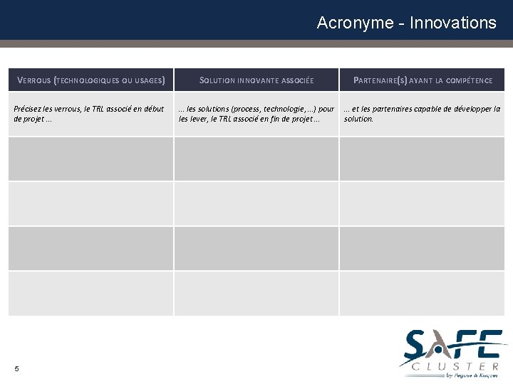 Acronyme - Innovations VERROUS (TECHNOLOGIQUES OU USAGES) Précisez les verrous, le TRL associé en Acronyme - Innovations VERROUS (TECHNOLOGIQUES OU USAGES) Précisez les verrous, le TRL associé en
