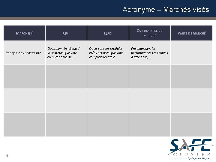 Acronyme – Marchés visés MARCHÉ(S) Principale ou secondaire 8 QUI Quels sont les clients Acronyme – Marchés visés MARCHÉ(S) Principale ou secondaire 8 QUI Quels sont les clients