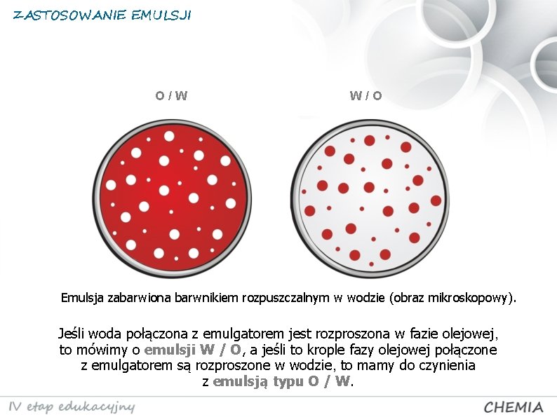 ZASTOSOWANIE EMULSJI O/W W/O Emulsja zabarwiona barwnikiem rozpuszczalnym w wodzie (obraz mikroskopowy). Jeśli woda