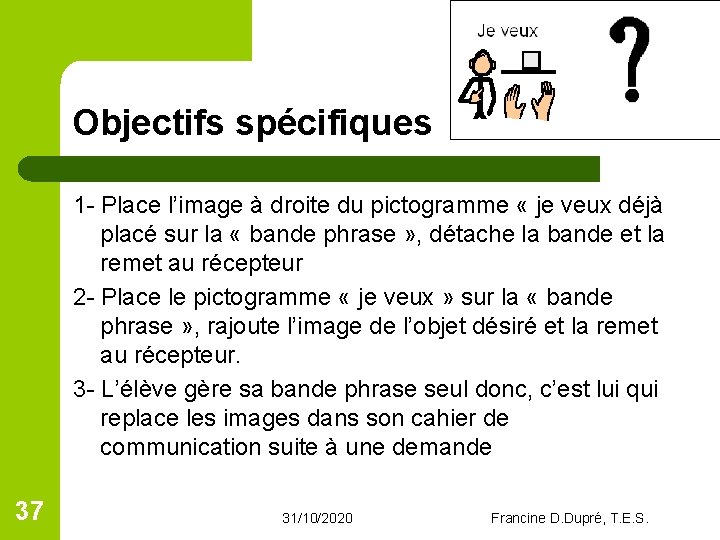 Objectifs spécifiques 1 - Place l’image à droite du pictogramme « je veux déjà