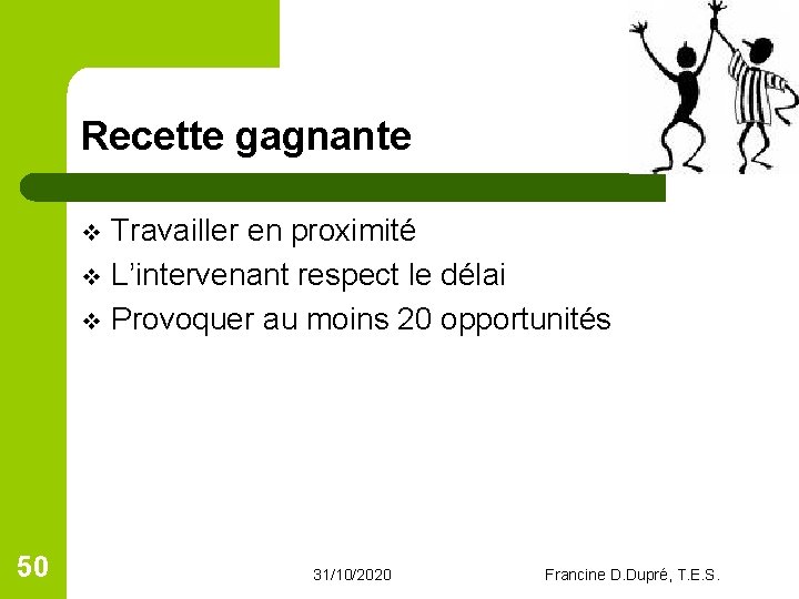 Recette gagnante Travailler en proximité v L’intervenant respect le délai v Provoquer au moins