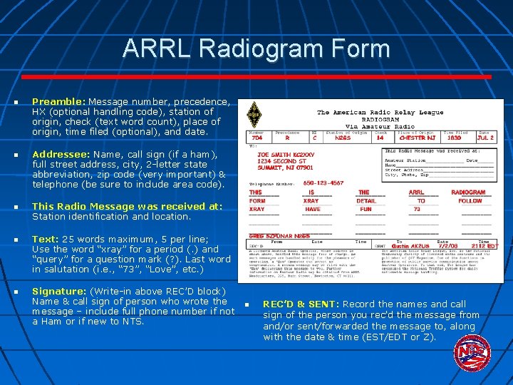 ARRL Radiogram Form Preamble: Message number, precedence, HX (optional handling code), station of origin,