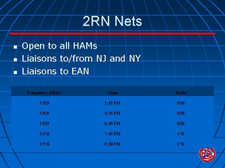 2 RN Nets Open to all HAMs Liaisons to/from NJ and NY Liaisons to