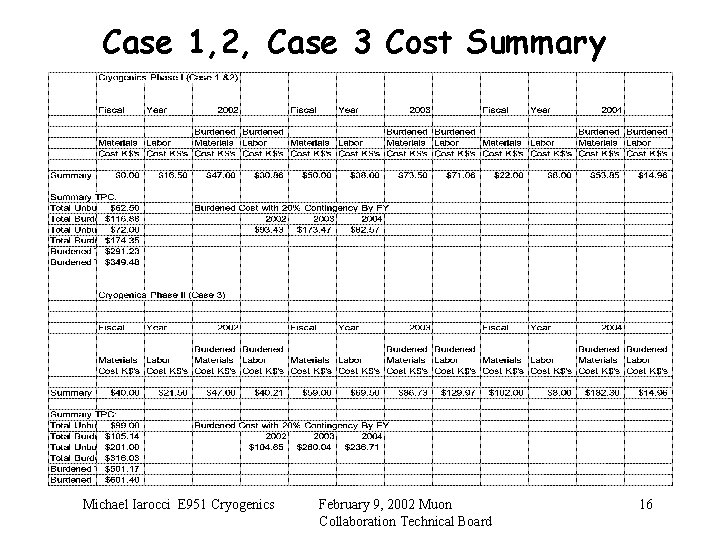 Case 1, 2, Case 3 Cost Summary Michael Iarocci E 951 Cryogenics February 9,