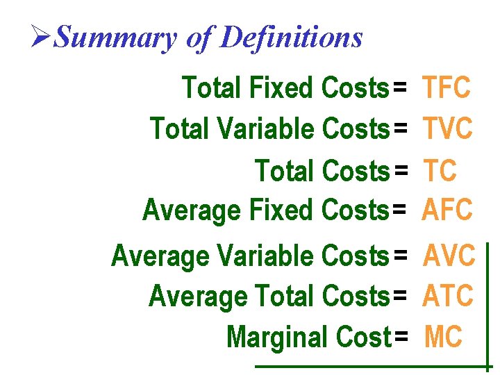 ØSummary of Definitions Total Fixed Costs = Total Variable Costs = Total Costs =