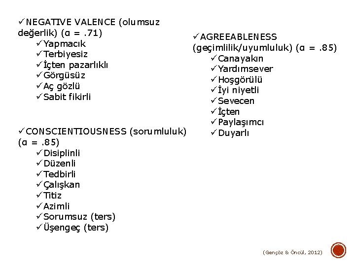 üNEGATIVE VALENCE (olumsuz değerlik) (α =. 71) üYapmacık üTerbiyesiz üİçten pazarlıklı üGörgüsüz üAç gözlü