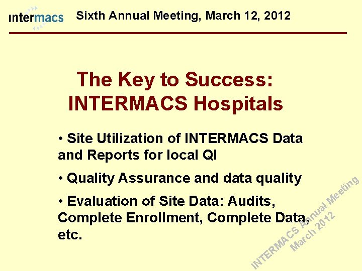 Sixth Annual Meeting, March 12, 2012 The Key to Success: INTERMACS Hospitals • Site