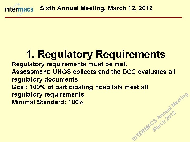 Sixth Annual Meeting, March 12, 2012 1. Regulatory Requirements Regulatory requirements must be met.