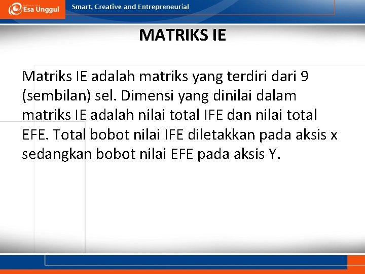 MATRIKS IE Matriks IE adalah matriks yang terdiri dari 9 (sembilan) sel. Dimensi yang