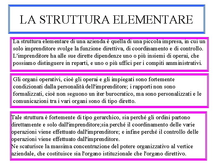 LA STRUTTURA ELEMENTARE La struttura elementare di una azienda è quella di una piccola