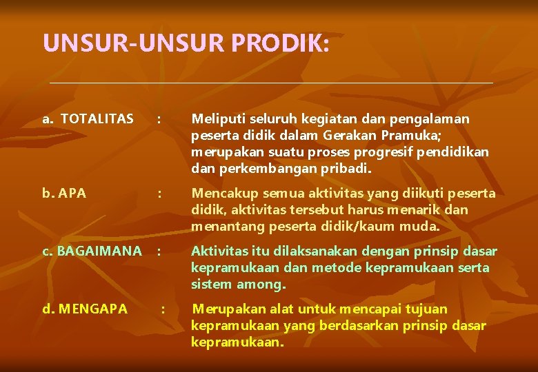 UNSUR-UNSUR PRODIK: a. TOTALITAS : Meliputi seluruh kegiatan dan pengalaman peserta didik dalam Gerakan