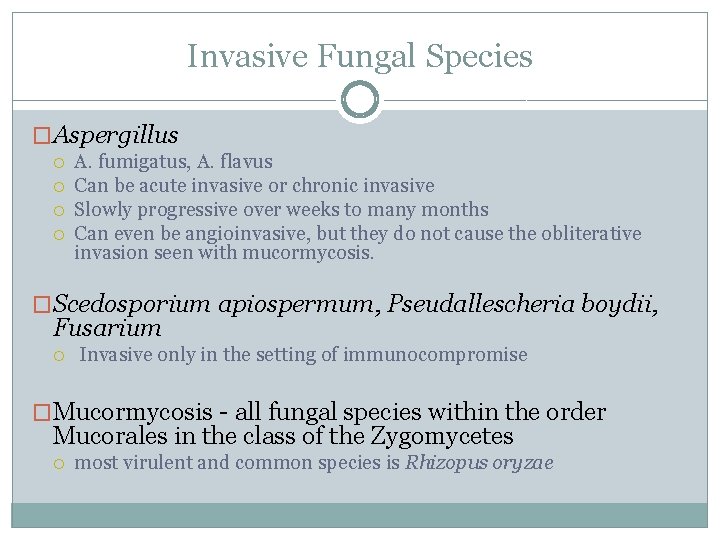 Invasive Fungal Species �Aspergillus A. fumigatus, A. flavus Can be acute invasive or chronic