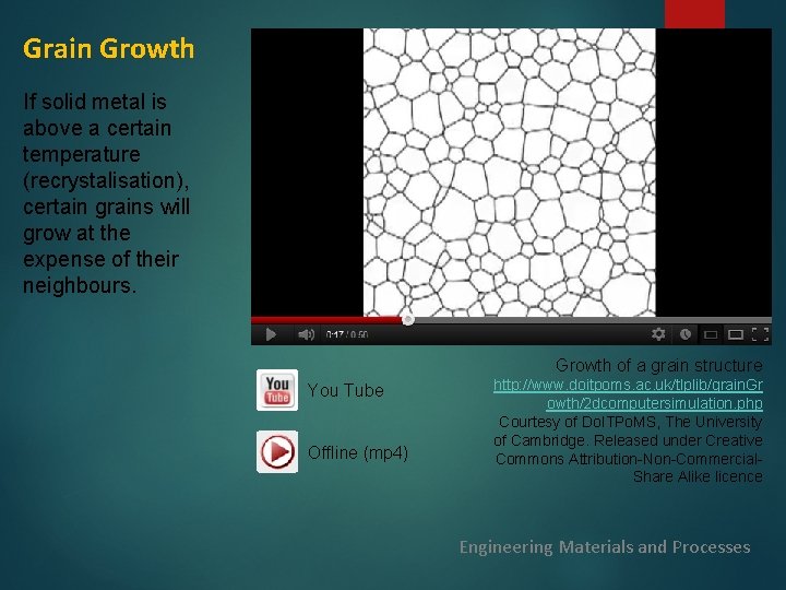 Grain Growth If solid metal is above a certain temperature (recrystalisation), certain grains will