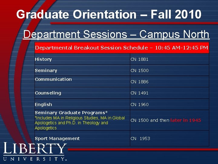 Graduate Orientation – Fall 2010 Department Sessions – Campus North Departmental Breakout Session Schedule