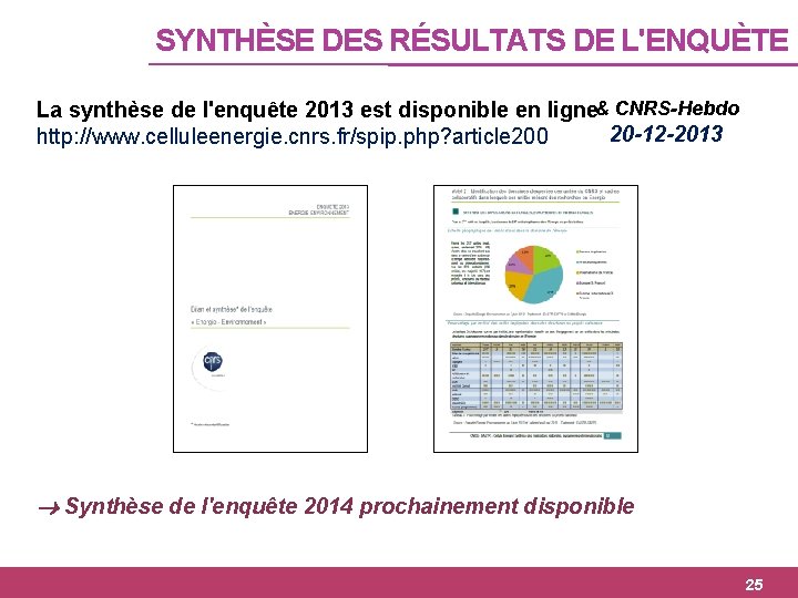 SYNTHÈSE DES RÉSULTATS DE L'ENQUÈTE La synthèse de l'enquête 2013 est disponible en ligne&