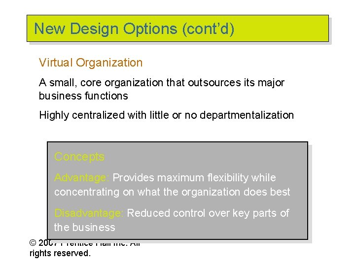 New Design Options (cont’d) Virtual Organization A small, core organization that outsources its major
