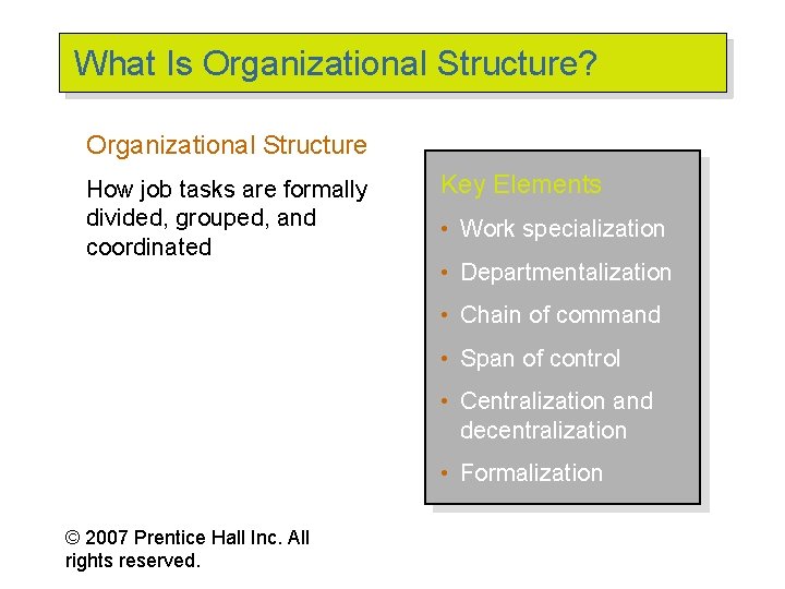 What Is Organizational Structure? Organizational Structure How job tasks are formally divided, grouped, and