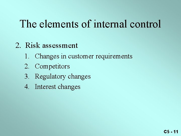 The elements of internal control 2. Risk assessment 1. 2. 3. 4. Changes in