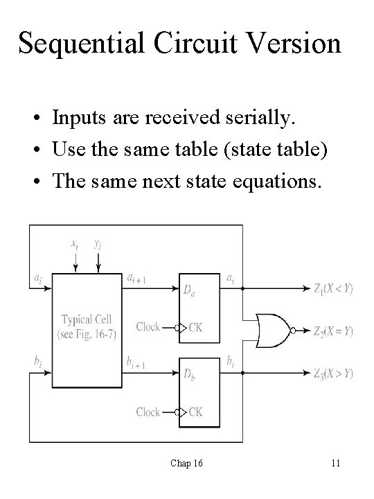 Sequential Circuit Version • Inputs are received serially. • Use the same table (state