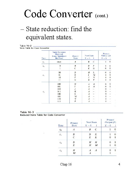 Code Converter (cont. ) – State reduction: find the equivalent states. Chap 16 4