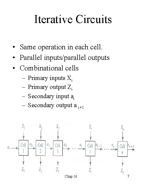 Iterative Circuits • Same operation in each cell. • Parallel inputs/parallel outputs • Combinational