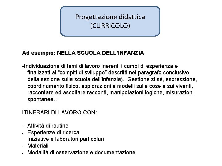 Progettazione didattica (CURRICOLO) Ad esempio: NELLA SCUOLA DELL’INFANZIA -Individuazione di temi di lavoro inerenti Progettazione didattica (CURRICOLO) Ad esempio: NELLA SCUOLA DELL’INFANZIA -Individuazione di temi di lavoro inerenti
