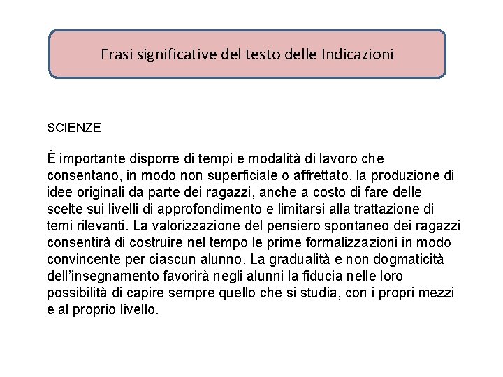 Frasi significative del testo delle Indicazioni SCIENZE È importante disporre di tempi e modalità Frasi significative del testo delle Indicazioni SCIENZE È importante disporre di tempi e modalità