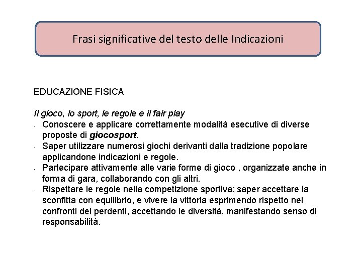 Frasi significative del testo delle Indicazioni EDUCAZIONE FISICA Il gioco, lo sport, le regole Frasi significative del testo delle Indicazioni EDUCAZIONE FISICA Il gioco, lo sport, le regole
