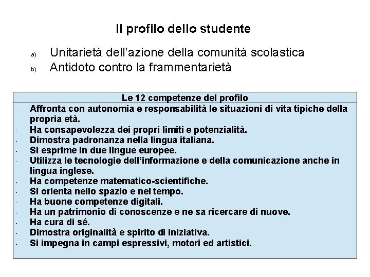 Il profilo dello studente a) b) • • • Unitarietà dell’azione della comunità scolastica Il profilo dello studente a) b) • • • Unitarietà dell’azione della comunità scolastica