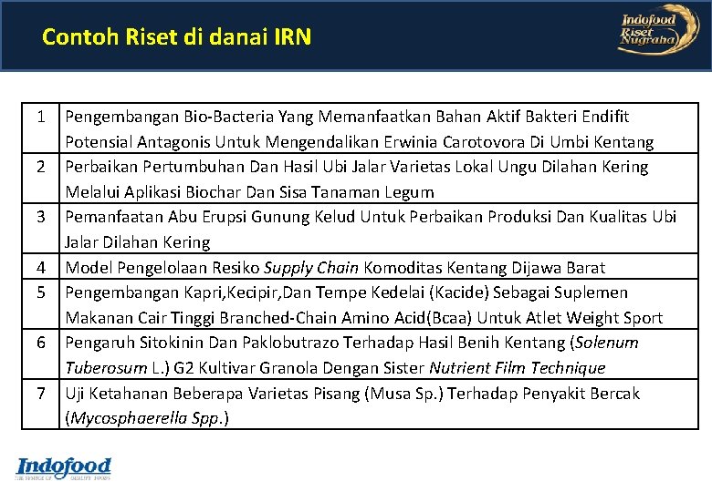 Contoh Riset di danai IRN 1 2 3 4 5 6 7 Pengembangan Bio-Bacteria Contoh Riset di danai IRN 1 2 3 4 5 6 7 Pengembangan Bio-Bacteria
