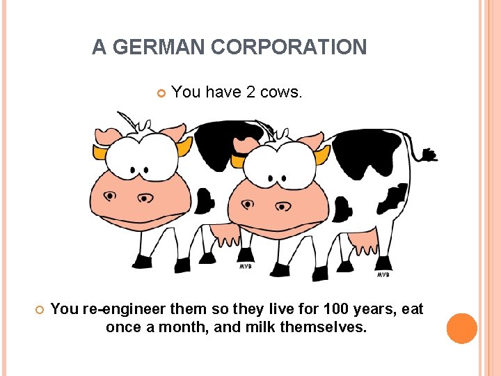 A GERMAN CORPORATION You have 2 cows. You re-engineer them so they live for