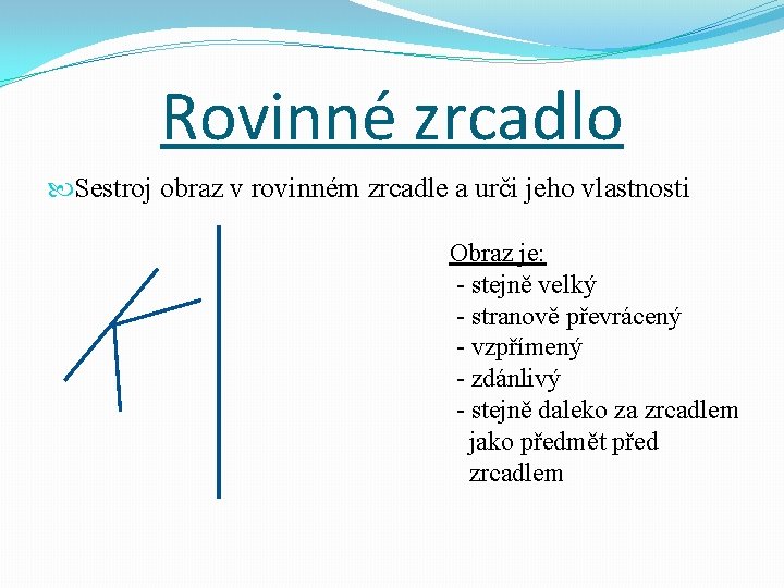 Rovinné zrcadlo Sestroj obraz v rovinném zrcadle a urči jeho vlastnosti Obraz je: -