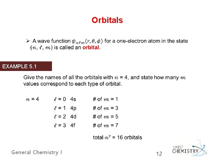 Orbitals EXAMPLE 5. 1 General Chemistry I 12 