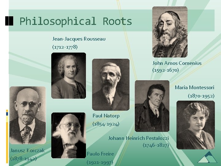 Philosophical Roots Jean-Jacques Rousseau (1712 -1778) John Amos Comenius (1592 -1670) Maria Montessori (1870