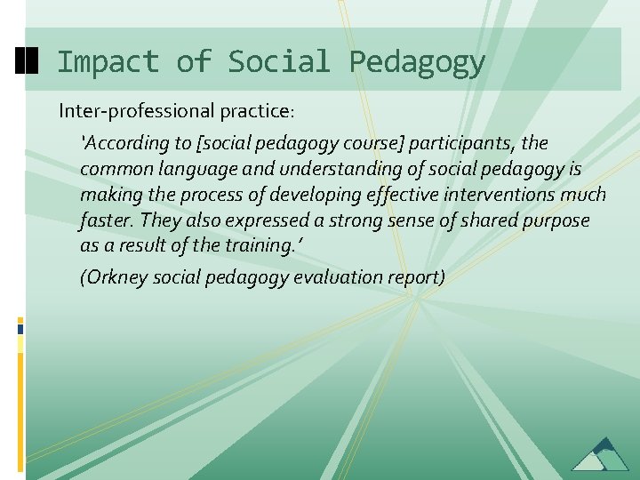 Impact of Social Pedagogy Inter-professional practice: ‘According to [social pedagogy course] participants, the common
