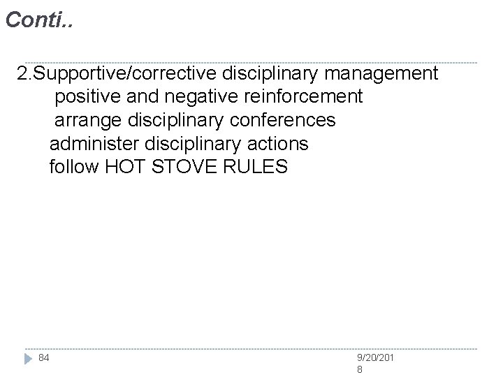 Conti. . 2. Supportive/corrective disciplinary management positive and negative reinforcement arrange disciplinary conferences administer