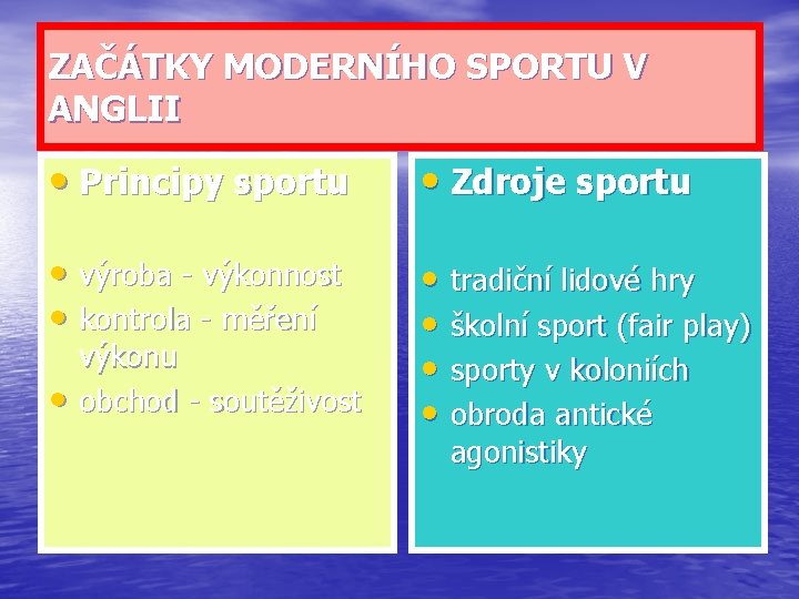 ZAČÁTKY MODERNÍHO SPORTU V ANGLII • Principy sportu • Zdroje sportu • výroba -