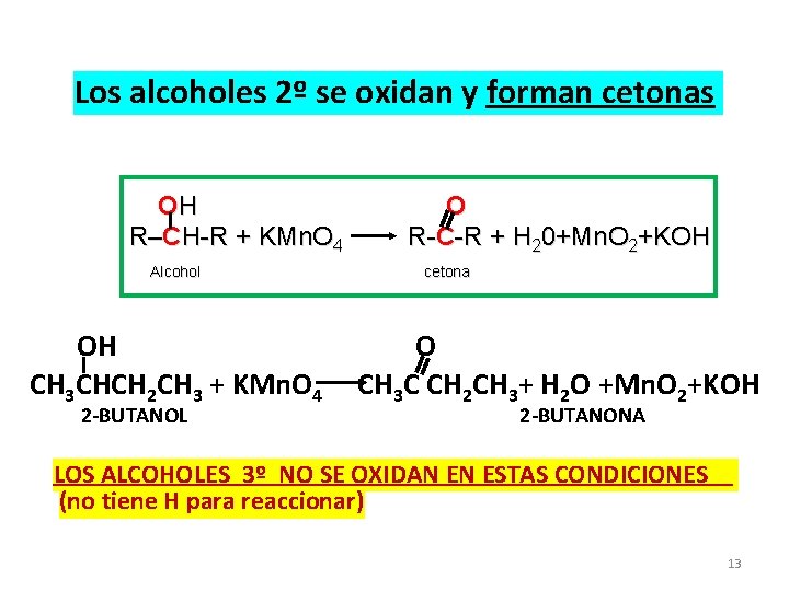 Los alcoholes 2º se oxidan y forman cetonas OH R–CH-R + KMn. O 4